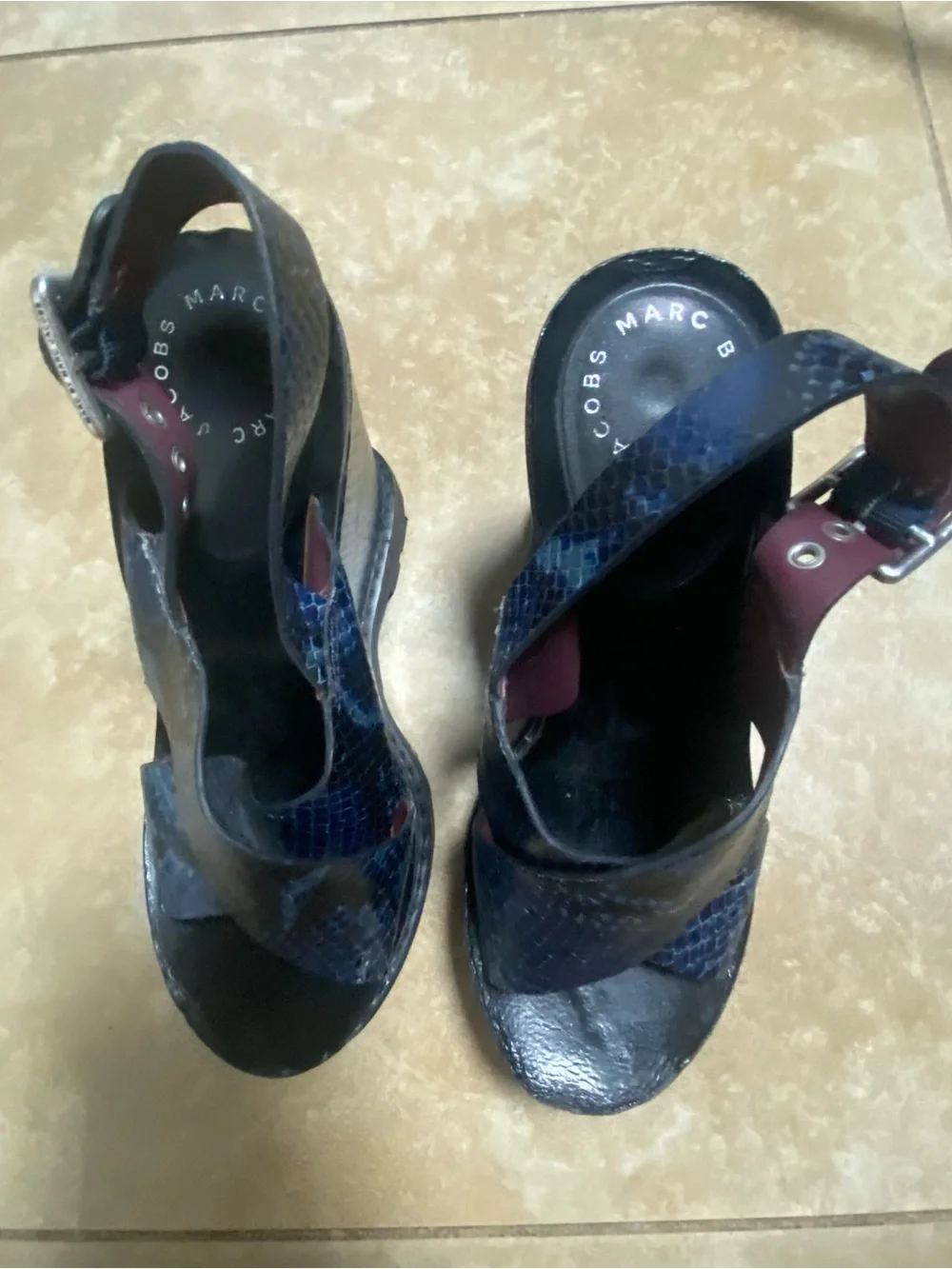 Marc by Marc Jacob Blue & Black Snake Print Lug Wedge Sandals Size 36 5.5